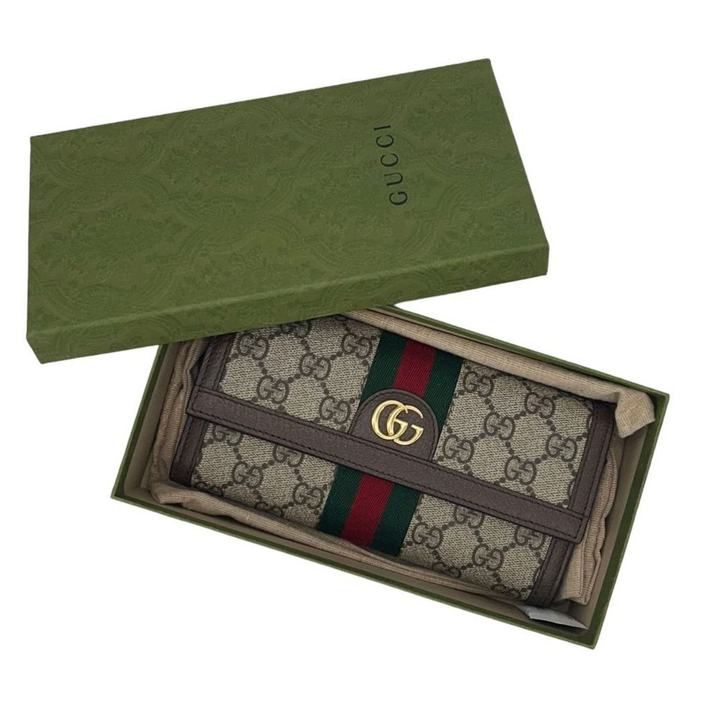 Gucci Brown GG Supreme Continental Wallet with Green & Red Web and Gold GG